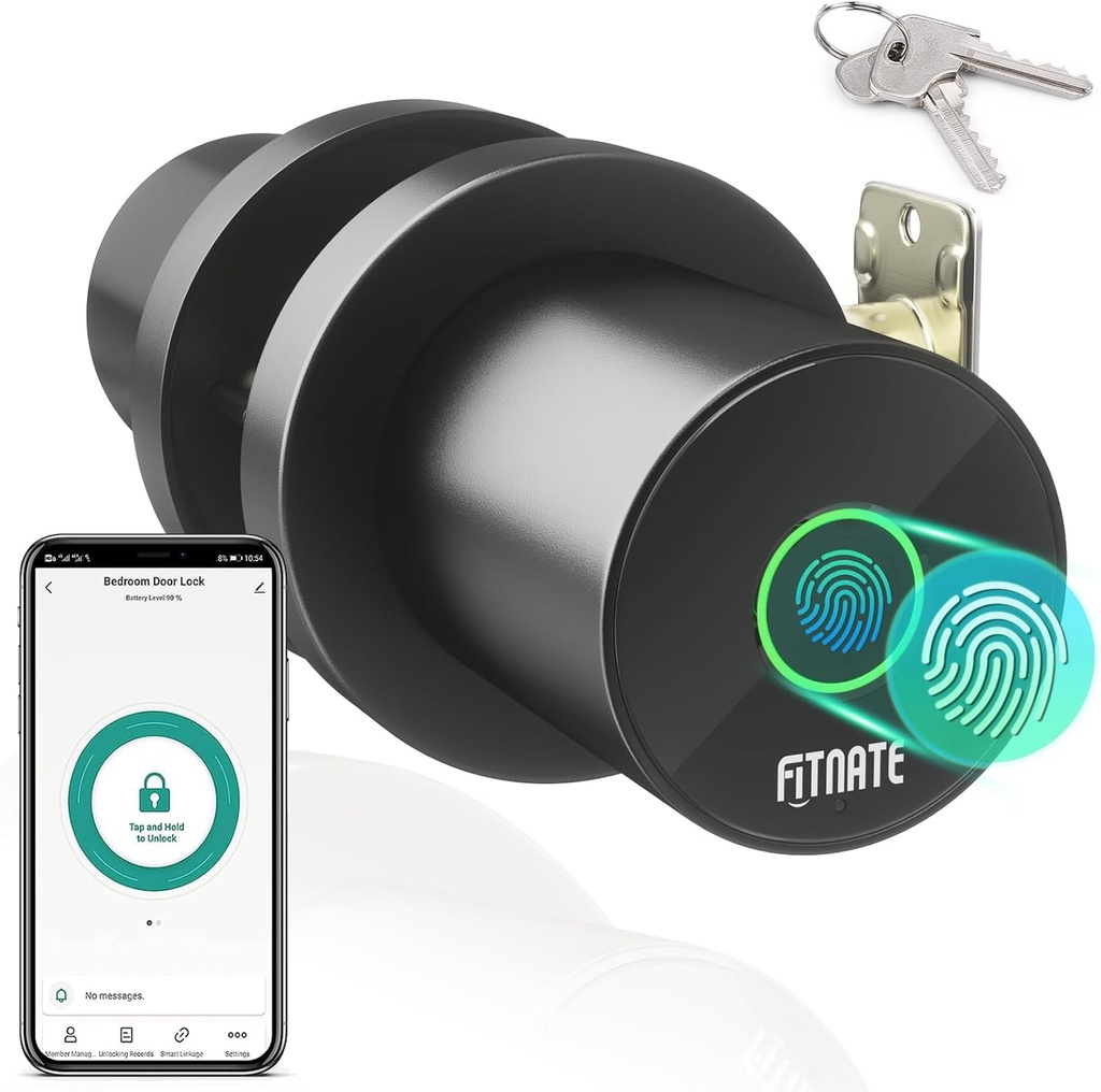 FITNATE Smart Door Knob - Biometric Door Lock with App Control for Bedroom, Apartment, Hotel, Office (Matte Black)