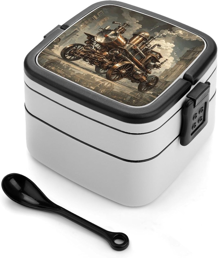 Steampunk Style Bento Box Double-Layer Bento Lunch Container with Spoon And Invisible Handle Adult Leak-Proof Lunchbox for Dining Out Work Picnics Travel