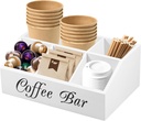 Coffee Station Organizer, Wood Office Coffee Bar Accessories and Organizer with 5 Compartments, Large Capacity Coffee Pods Holder, Coffee Storage Station for Syrup, Cups & Stirrer (White)