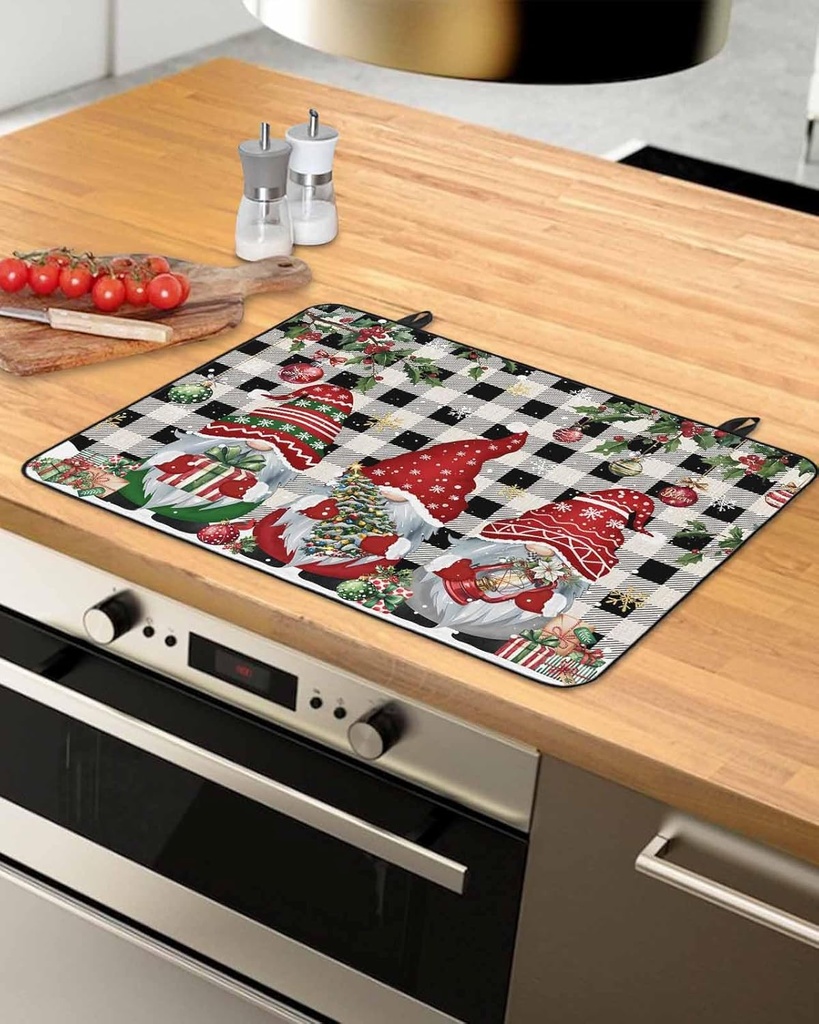 Christmas Countertop Burners Protection Mats for Kitchen, Gnome Winter Gifts Snowflake Buffalo Plaid Rubber Stove Top Cover Mat, Heat Proof Mats Cooktop Cover for Counter Dish Drying Mat, 31"x24"