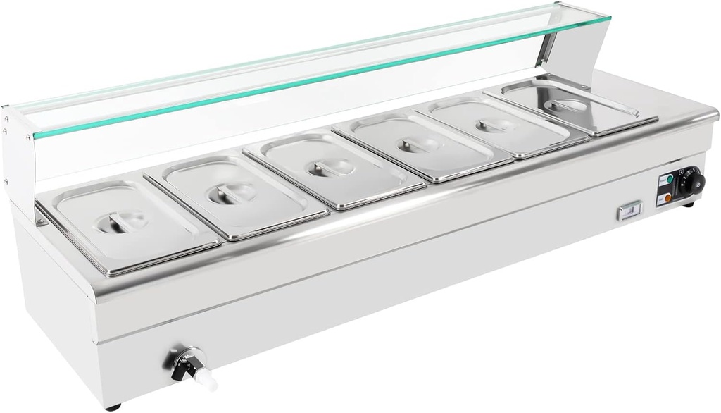 6-Pan Food Warmer - Stainless Steel Steam Table with Tempered Glass Shield - 110V 1.2KW