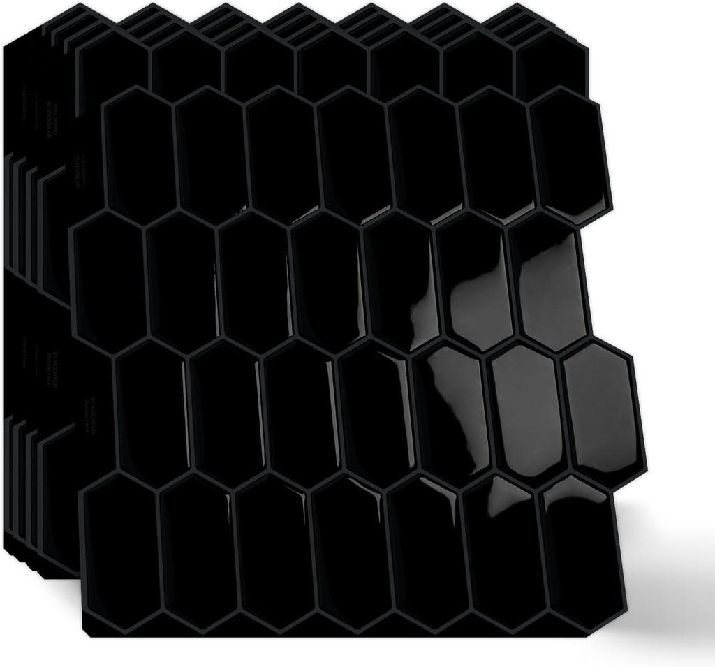 Long Hexagon Peel and Stick Tiles Backsplash,10 Sheets 3D Self Adhesive Wall Tile Back Splash 12 x 12 Inch for Kitchen,Bathroom(Pure Black)