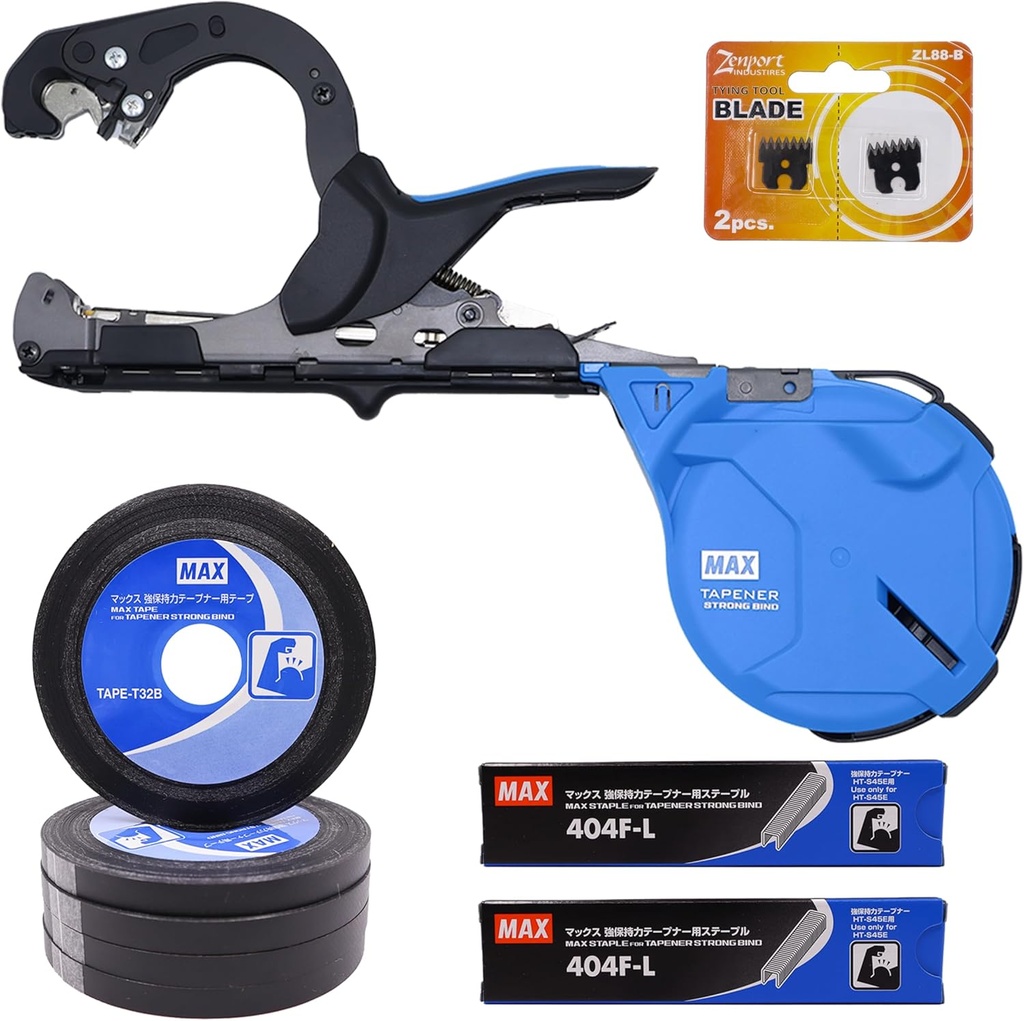 Generic MAX HT-S45E Strong Bind Tapener Plant Tying Tool Starter Kit with Tape, Staples, & Replacement Blades, Blue, HT-S45E-STARTER