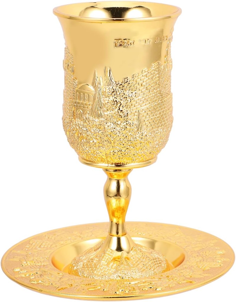 Luxshiny Gold Plated Kiddush Cup Set Wine Cup Goblet And Matching Tray Shabbat and Havdalah Goblet Judaica Shabbos Holiday present Jerusalem-Design with Leg