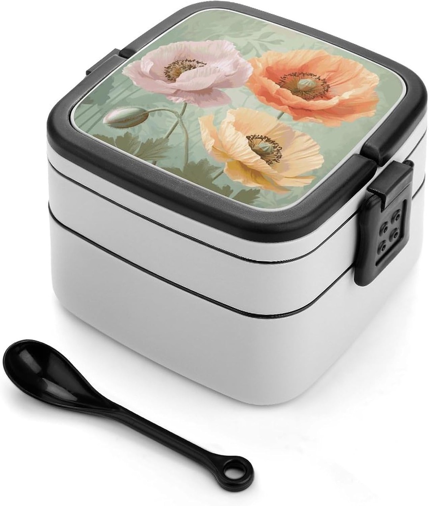 Bento Box Stackable Lunch Box with 2 Compartments Leak-Proof Food Storage Containers Pastel Poppies Bento Lunch Box for Adults Lunch Containers with Utensil Set