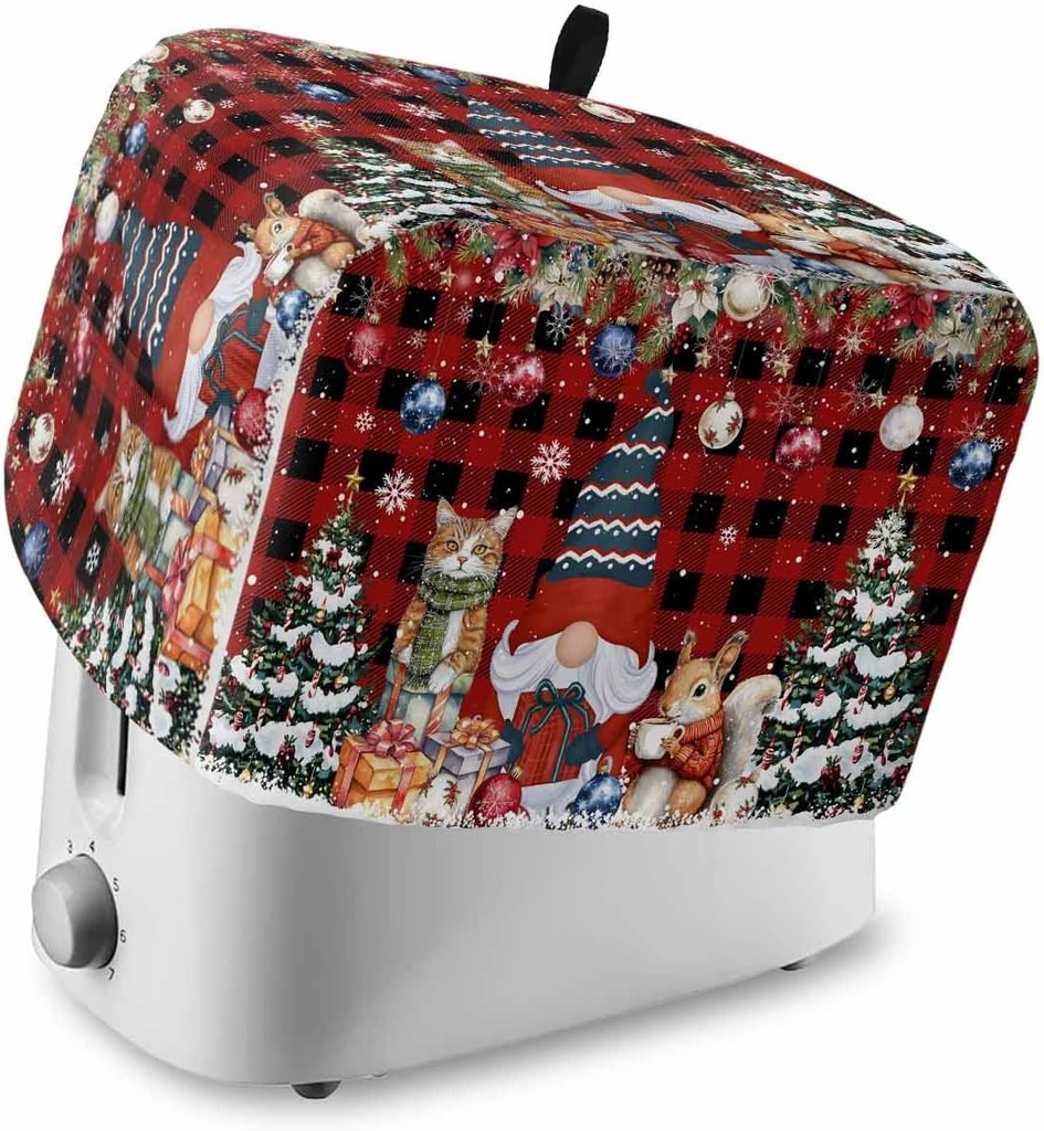 Christmas 4 Slice Toaster Cover Red Plaid Gnomes Snowflakes Poinsettia Xmas Cat Small Appliance Cover Toaster Dustproof Fingerprint Protectors Machine Washable, Large Size Bread Machine Cover