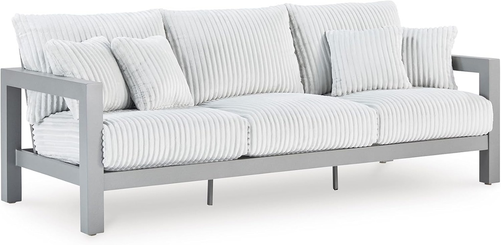 Signature Design by Ashley Moonlight View Contemporary Outdoor Nuvella Weather Resistant Fabric Sofa with Cushion and 4 Throw Pillows, White & Light Gray
