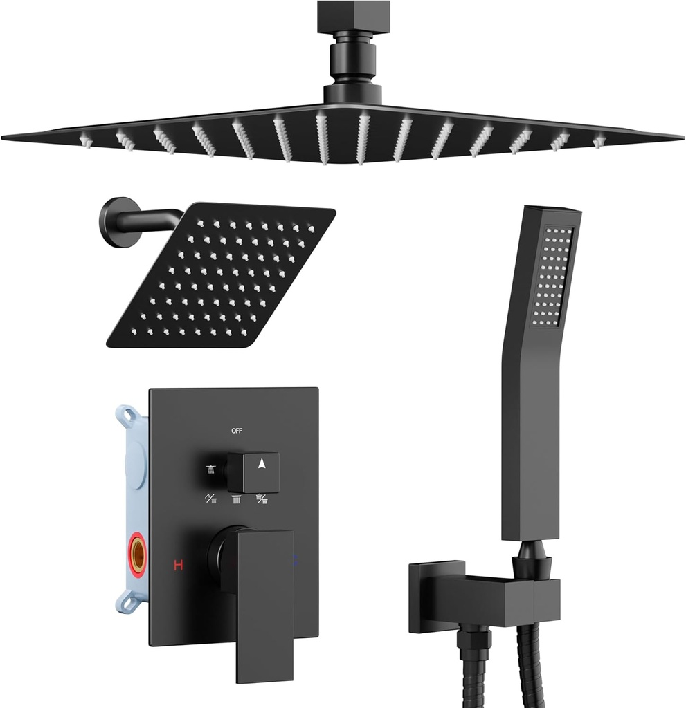 Shower Systems Shower Faucet Sets Matte Black, STARBATH 12+6" Dual Rain Shower Head with Handheld Spray for Two People, Ceiling Mount 3 Way Rainfall Shower Valve with 5 Diverter and Trim Kit Complete