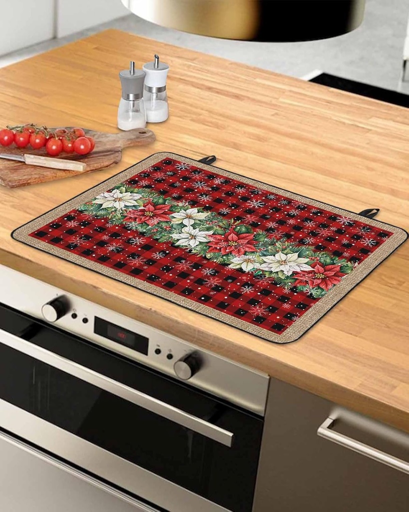 Christmas Countertop Burners Protection Mats for Kitchen, Snowflakes Flowers Vintage Red Plaid Rubber Stove Top Cover Mat, Heat Proof Mats Cooktop Cover for Counter Dish Drying Mat, 24"x21"