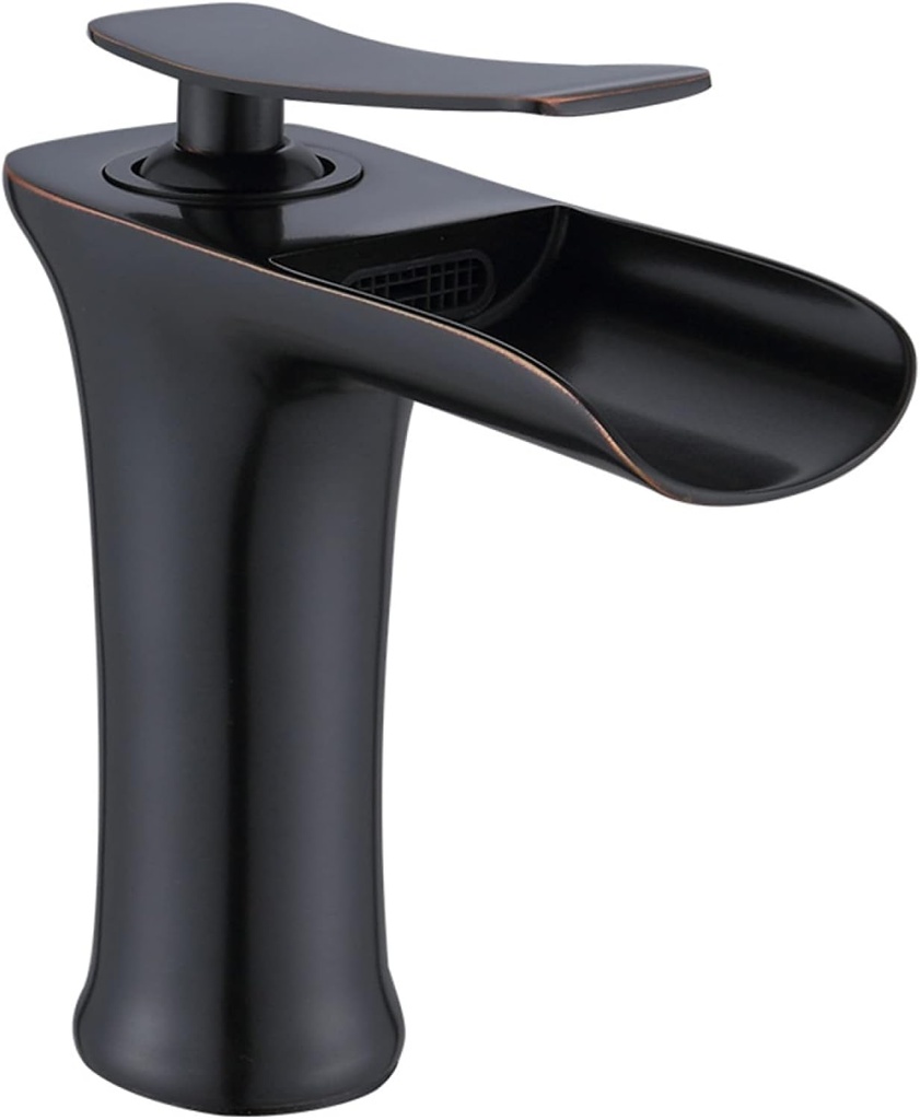 Basin Faucet Waterfall, Solid Brass, Hot and Cold Water Mixer Tap Mount, Waterfall Single Handle Bathroom Sink Faucet, Black, Short
