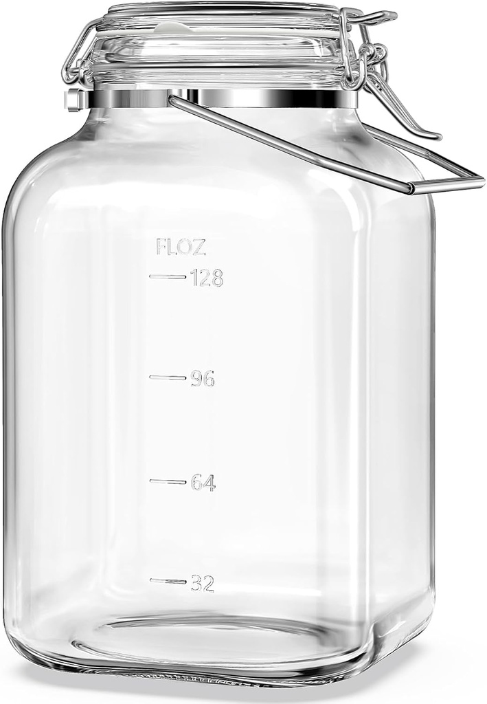 Folinstall 1.5 Gallon Glass Jar with Airtight Lid, Square Wide Mouth Mason Jars with Stainless Steel Handle, Large Glass Storage Containers for Canning, Flour, Sugar, Fermentation, Rice, Pickled Eggs