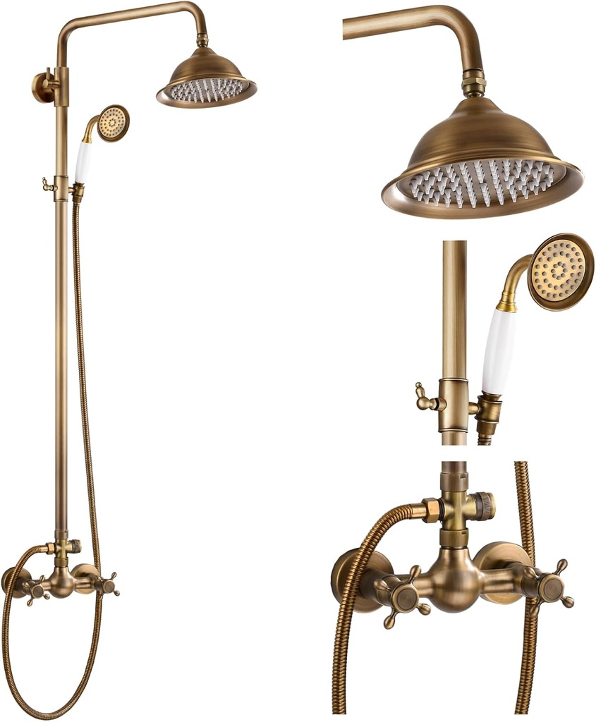 gotonovo Antique Brass Shower System 8 Inch Rainfall Shower Head Handheld Spray Double Cross Handle Bathroom Shower Faucet Wall Mount