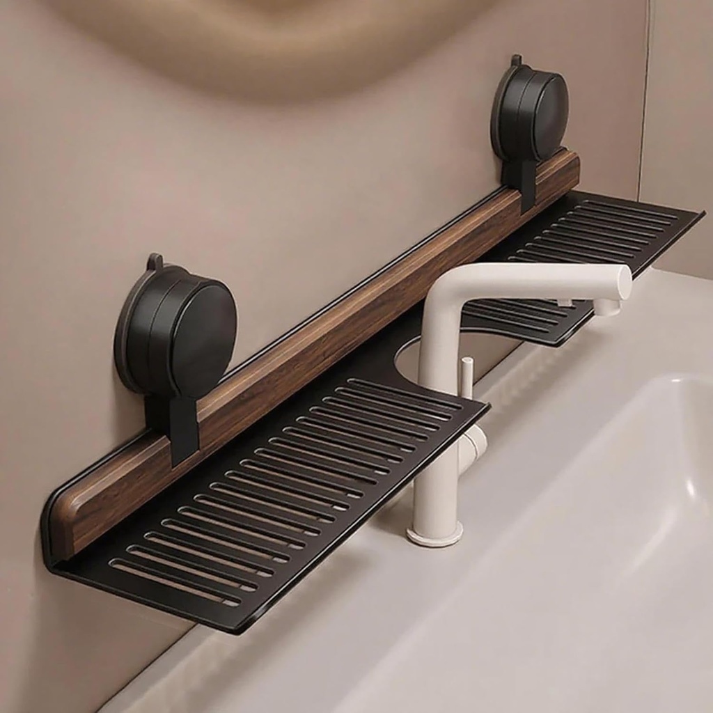 Walnut Bathroom Suction Cup Shelf - Wall Mounted Sink Shelf Over Faucet for Bathroom & Kitchen, Removable Suction Cup Sink Over Faucet Organizer, Floating Storage Countertop Shelves (Black_60CM)