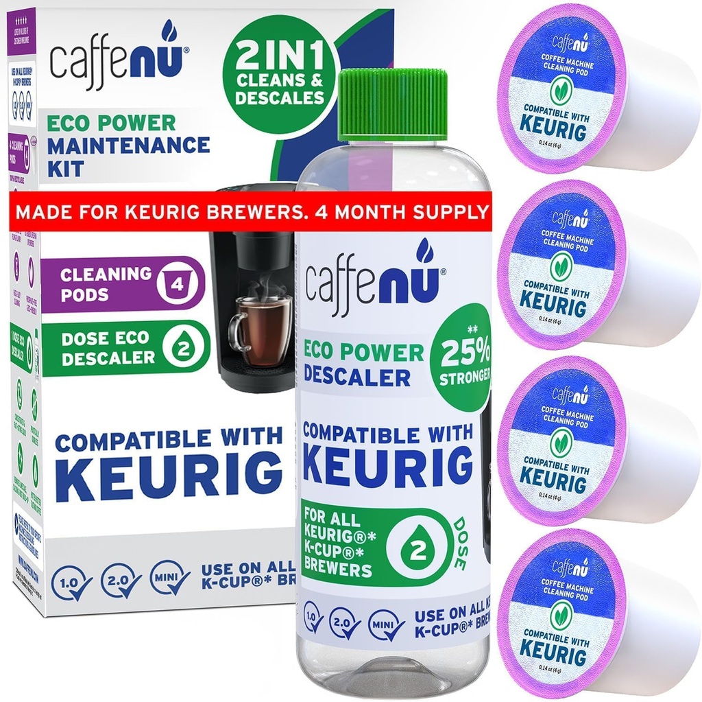 Keurig Compatible Descaling Solution and Keurig Cleaner Pods. Removes Limescale & Cleans Pod Area. Better Tasting & Hotter Coffee. 4 Uses of Descaler & Cleaner.