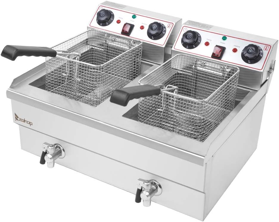 24.9QT/ 23.6L Electric Deep Fryer w/Frying Baskets Timer Drains & Lids, Dual Tank Kitchen Countertop Commercial Frying Machine, Adjustable Temperature, 3400W 110V 60HZ