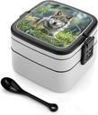 Wolf On The Grass Bento Box Double-Layer Bento Lunch Container with Spoon And Invisible Handle Adult Leak-Proof Lunchbox for Dining Out Work Picnics Travel