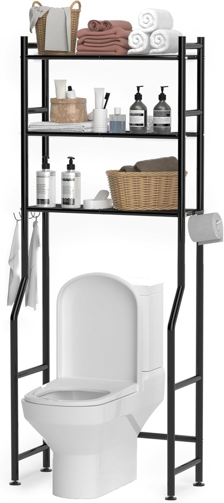 3-Tier Over The Toilet Storage, Space Saver Metal Bathroom Shelves, Freestanding Above Over Toilet Storage Shelf with 4 Hooks for Bathroom, Black