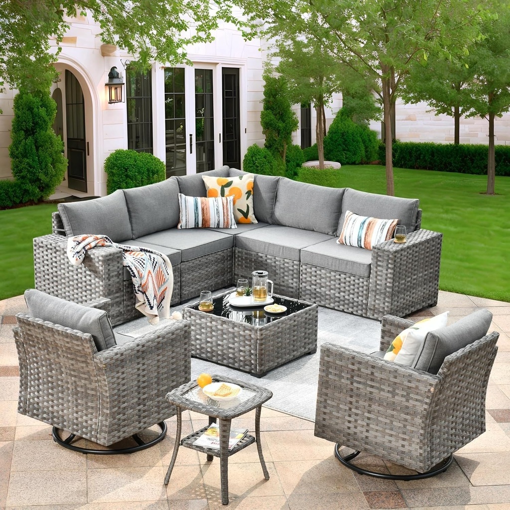 9 Piece Outdoor Patio Furniture Set Featuring Wicker Sectional Sofa, Two Swivel Chairs, Coffee Table, Modern Modular Rattan Couch Deep Seat Conversation Sets for Garden Deck