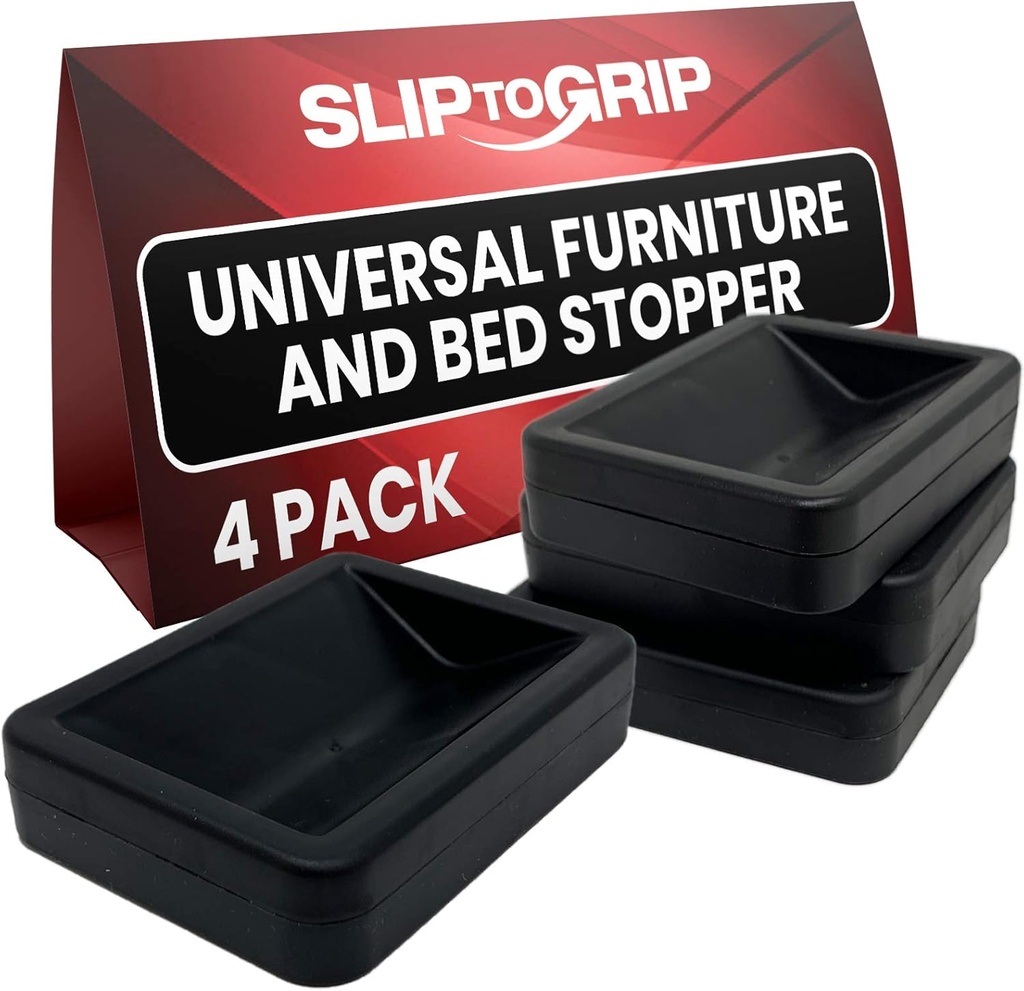 SlipToGrip 4-Pack Bed and Furniture Stoppers to Prevent Sliding - Wheel Stopper for Furniture and Bed Frame Wheel Stoppers - No Slip Stopper for Chairs, Desks, Sofas - Protects All Floors - Black