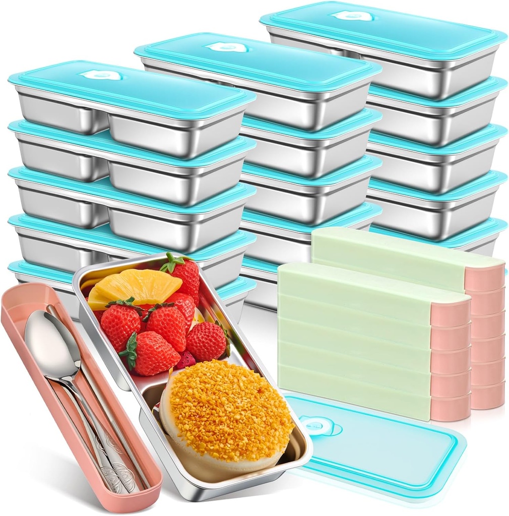 Vesici 12 Pack 304 Stainless Steel Bento Boxes with Tableware Set 30 oz 2 Compartments Food Storage Containers Boxes with Leakproof Lids, Divided Meal Prep Lunch Box Food Container Dishwasher Safe