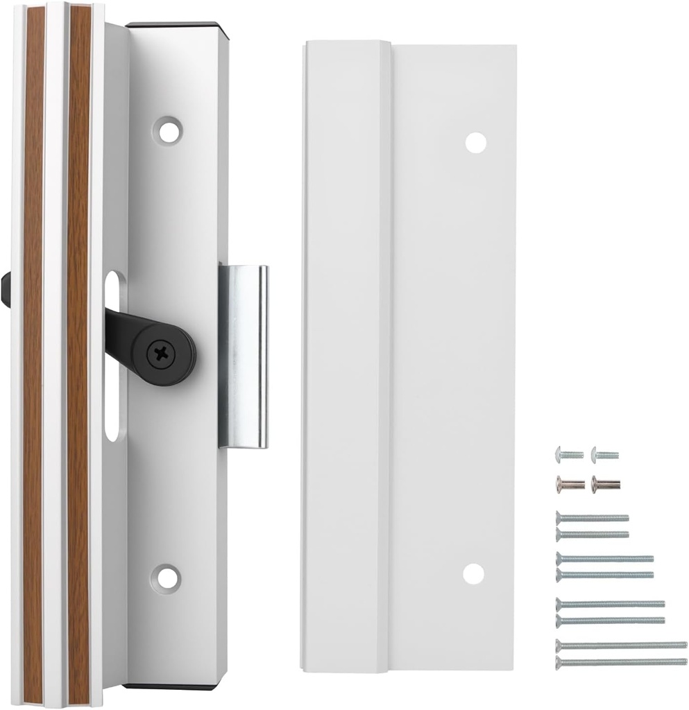 Baomain Surface Mount Sliding Patio Door Handle Set, 4-15/16" Hole Spacing C-to-C, Clamp Style Aluminum Replacement for Sliding Glass Doors, White with Woodgrain Finish