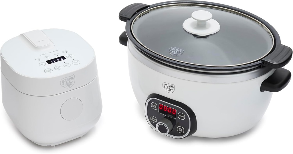 GreenLife 6QT Programmable Slow Cooker and 4-Cup Rice and Grain Cooker, Healthy Ceramic Nonstick, PFAS & PFOA-Free, Digital Timer, Dishwasher Safe, Versatile Cooking Appliances, White