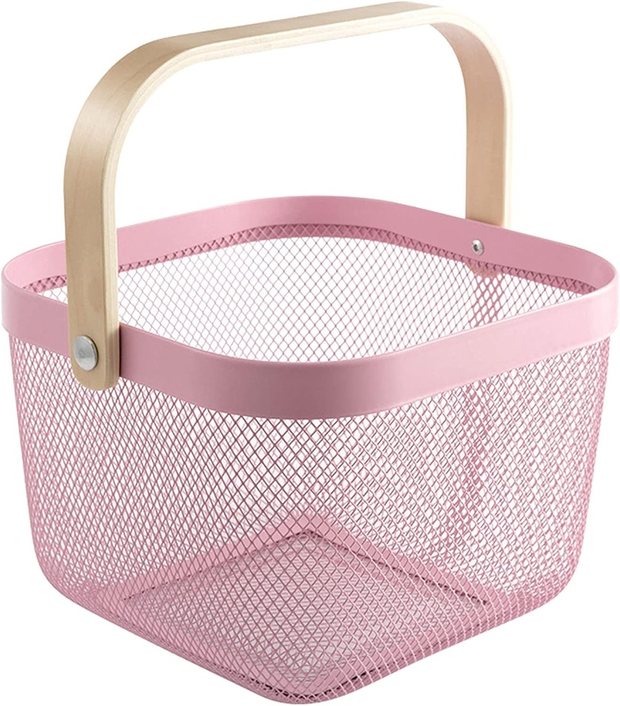 Mesh Steel Storage Organizer Basket, Multi-Functional Metal Wire Hanging Kitchen Baskets Fruit Basket with Bamboo Handle Ideal for Kitchen, Bathroom, Pantry, Cabinet Home, Shopping, Pink