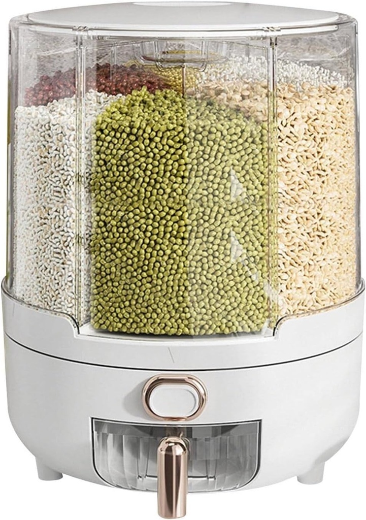 360 Degree Rotating Rice Dispenser with 6 Compartments, Kitchen Grain Storage Container for Countertops, Removable Lid Food Dispenser for Beans, Rice, and Dry Foods