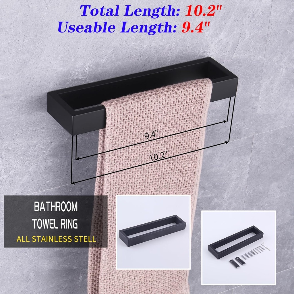 GERZWY Modern Black Towel Holder SUS304 Stainless Steel Towel Hanger Towel Ring for Bathroom Lavatory Wall Mount Contemporary Style HG1706-BK