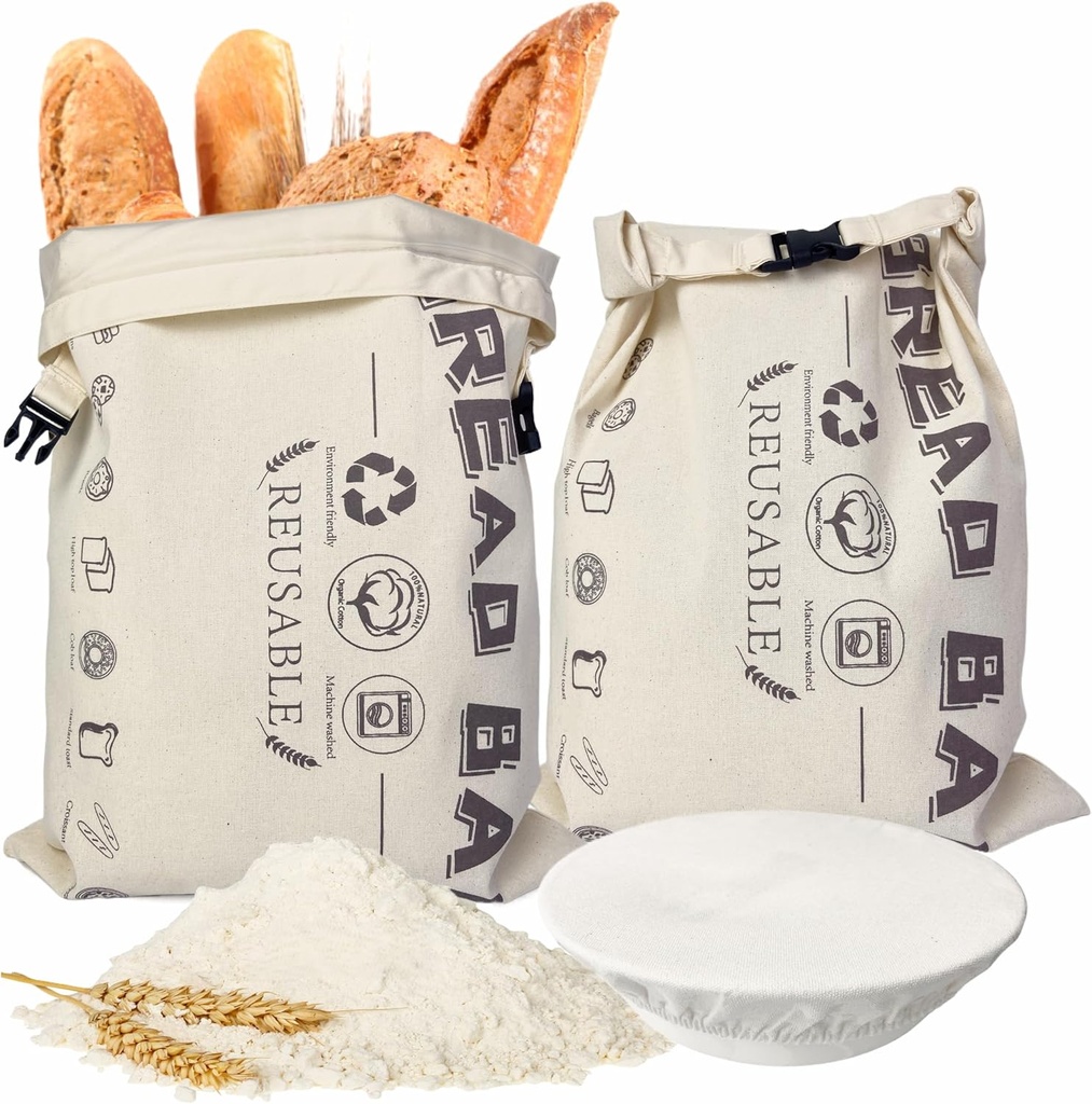 Cloth Bread Bags for Homemade Bread Sourdough with Bowl Cover,2-XL Reusable Cotton Storage Bag,Food-Grade Linned,Freezer Safe, Keeps Loaf for Days,Perfect Baking Accessories(FG&BC-Beige2)