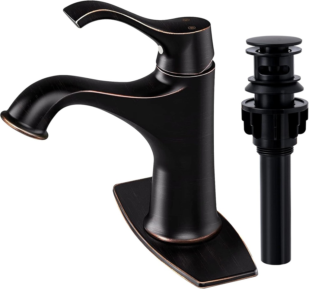 DJS Bathroom Sink Faucet with Pop Up Drain Stopper Assembly Water Supply Hose Farmhouse Spout Lavatory Vanity Faucet Single Handle Single Hole Oil Rubbed Bronze
