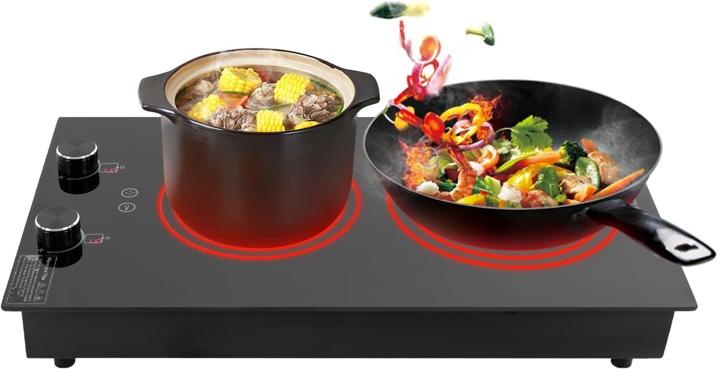 2 Burner Electric Cooktop,2100W Electric Stove Top with Knob Control,Ceramic Electric Cooktop for Kitchens,Hotels, Restaurants,Caravans,Boats,110-220V