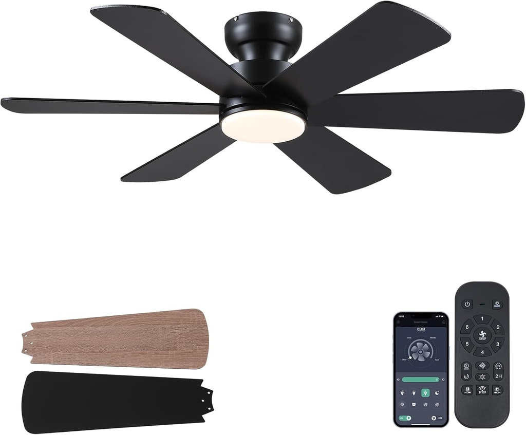 BayDay 46 inch Ceiling Fans with Lights, Black Ceiling Fan with Remote APP, Dual-Sided Modern/Rustic 6 Blades, Reversible, 3CCT, Flush Mount Low Profile Ceiling Fan with Lights Bedroom Kitchen Indoor