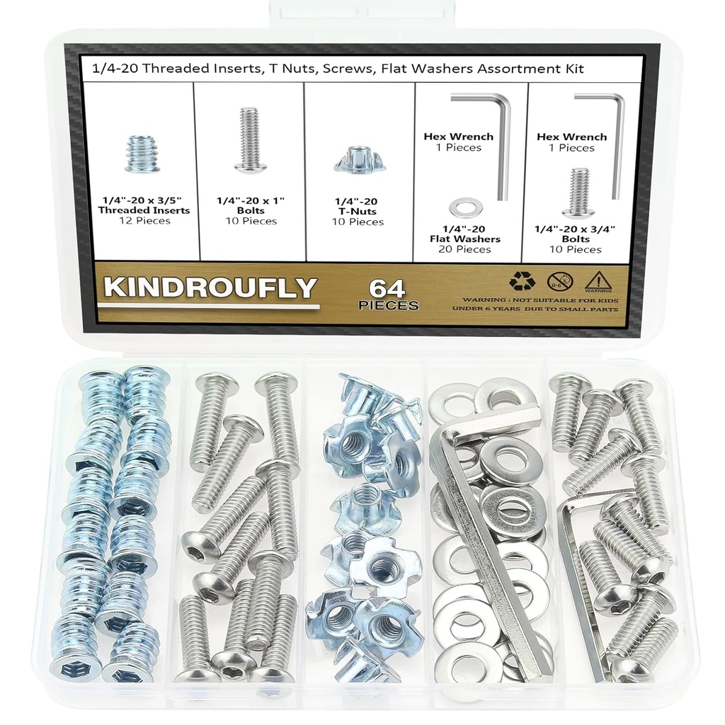1/4-20 Threaded Inserts for Wood, T Nuts, Bolts With Button Head Socket Cap Screws (3/4", 1", 1/4"), Washers and Hex Wrench - 64 Pieces