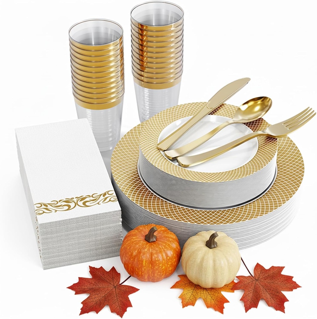 FOCUSLINE 175 Count Gold Dinnerware Set for 25 Guests - Disposable Plastic Plates with Gold Grid, Includes 25 Dinner & Salad Plates, Cups, Napkins, Cutlery Set for Wedding Parties