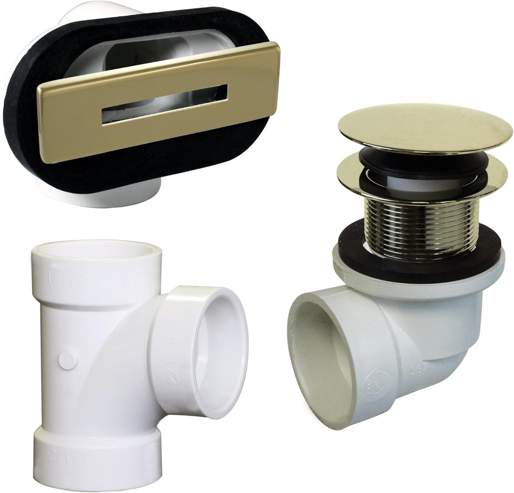 Westbrass D560RK-01 SCH. 40 PVC 1-1/2" Coarse Thread Plumber's Pack Tip-Toe Bathtub Drain Plug with Linear Overflow Faceplate, Tee & Elbows, Polished Brass
