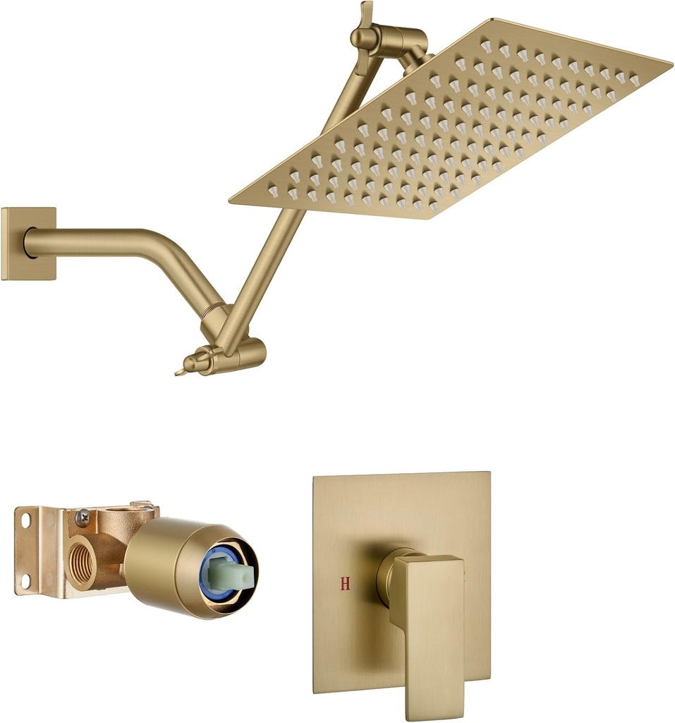 Shower Faucet Set with 8 Inch Rain Shower Head,Adjustable Extension Arm,Wall Mounted Shower System with Rough-in Valve Brushed Gold