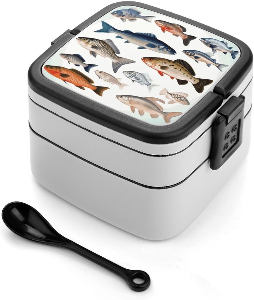 Adult Double-Layer Bento Box Different Fish Portable Lunch Box with Spoon And Invisible Handle Leakproof Microwave-Safe Food Container for Work Travel Camping