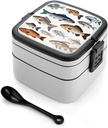 Adult Double-Layer Bento Box Different Fish Portable Lunch Box with Spoon And Invisible Handle Leakproof Microwave-Safe Food Container for Work Travel Camping