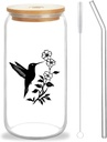 Cute Hummingbird Glass Cup With Lids And Straws, Hummingbird Gift For Women, Iced, Coffee, Smoothie, Cocktail, Beer, Whiskey, Soda, Matcha,16 Oz, Home Office Table Desk Decoration!