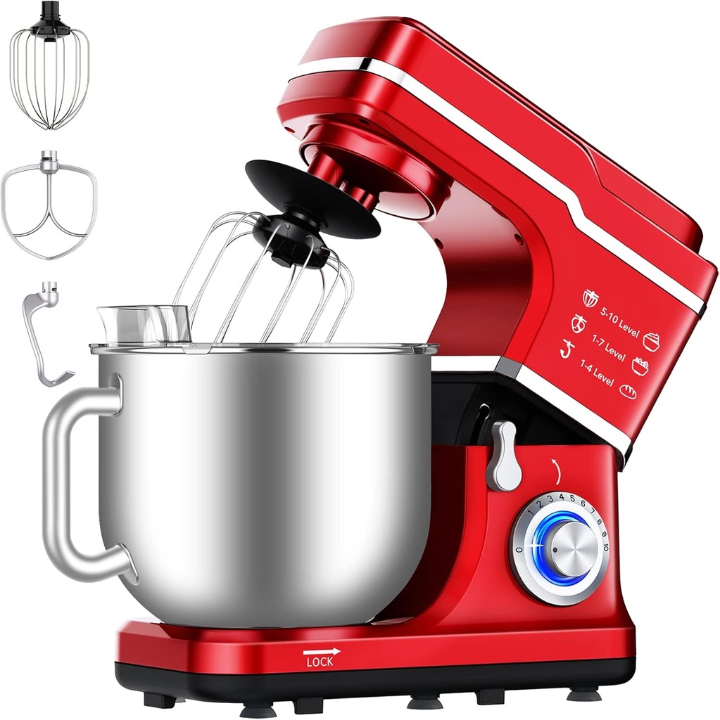 Garvee 7.5 QT Stand Food Mixer, 10-Speed Tilt Head 3 in-1 Kitchen Electric Mixer with Stainless Steel Bowl, Egg Whisk, Dough Hook, Beater, Splash Guard, Compact Dough Mixer for Home Cooks, Red