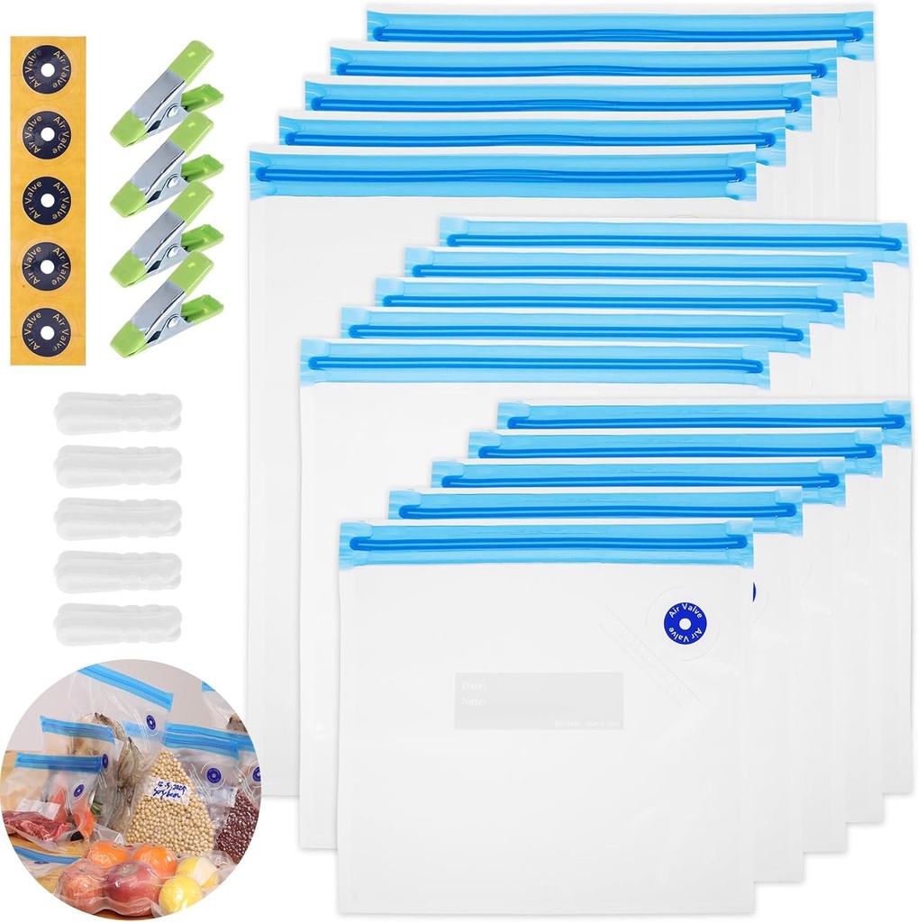 BLITZHOME Vacuum Sealer Bags for Food 3 Sizes, 29 Pack Kit with 15Pcs Reusable Sous Vide Bags, 5 Air Valves, 5 Sealing Clips, 4 Clips for Sous Vide Cooking/Food Storage, BPA Free…