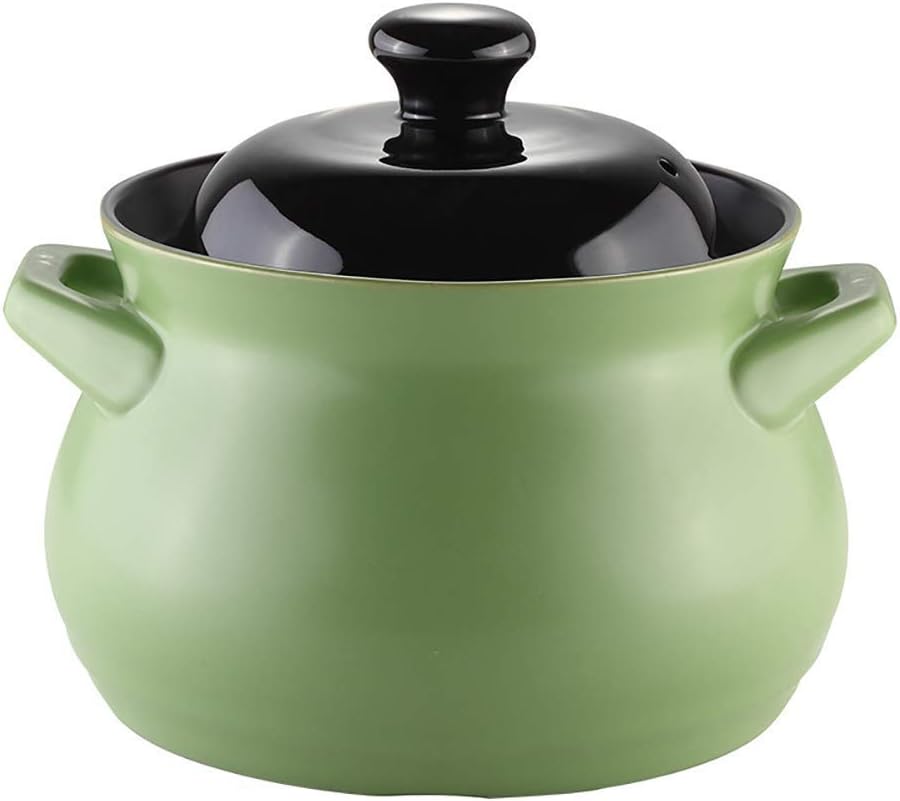 Round Ceramic Plate Casserole, Heat Resistant Clay Pot Clay Pot with Lid, Non-Stick Slow Cooker Cookware Green Korean Stone Bowl 2.2 L