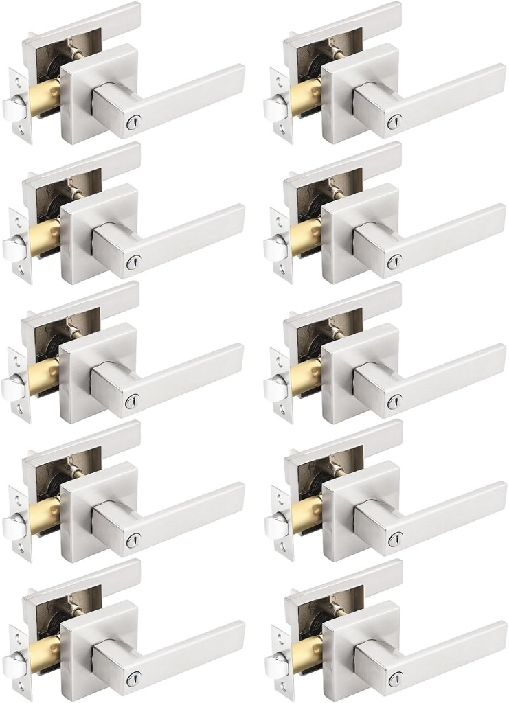 Gobrico 10 Pack Square Satin Nickel Privacy Door Locksets,Interior Door Levers for Bed/Bath,Thumb-Turn Button Inside,Used on Left/Right-Handed Doors