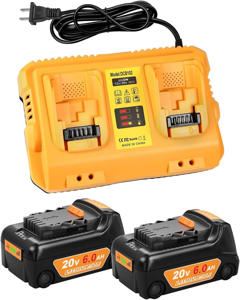 2-Pack 6.0Ah Battery Replacement for Dewalt 20v Battery with DCB102 Battery Charger Station