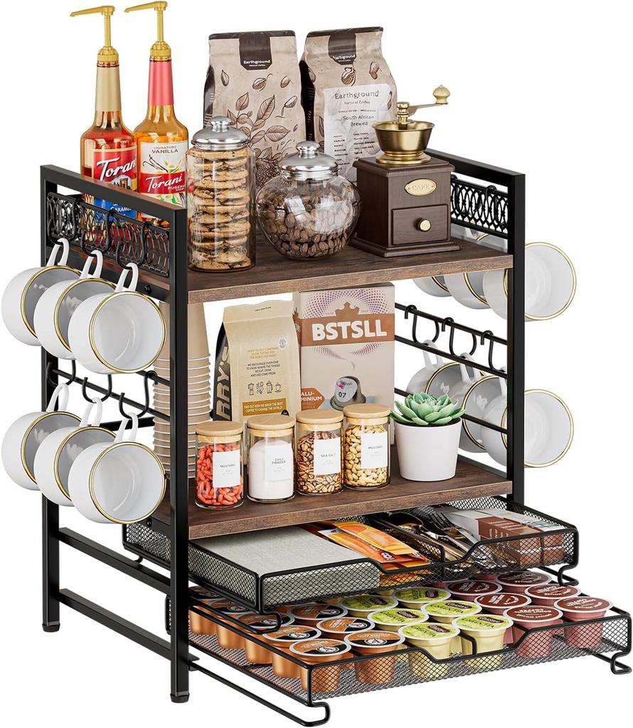 Coffee Bar Organizer, 4 Tier Coffee Station Organizer for Countertop, 30 K Cup Pod Drawer, Mug Cup Holder Stand With 12 Hooks, Multifunctional K Pods Shelf Storage Holder Drawer