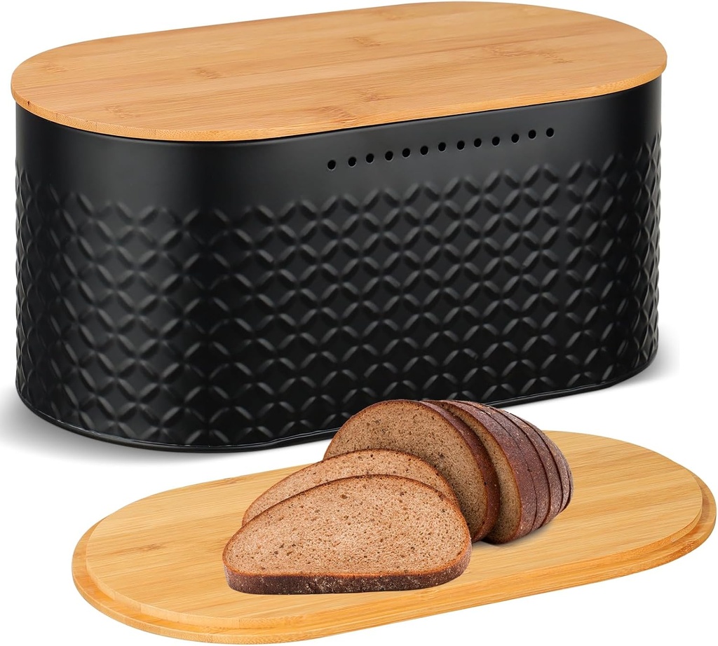 Metal Bread Box with Reversible Bamboo Cutting Lid, Bread Storage Container for Kitchen Countertop, Modern Bread Bin Holder Breadbox (Black)