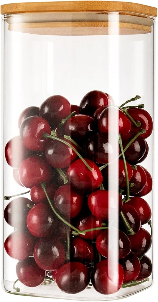 Diamond Star Airtight Glass Jar with Bamboo Wood Lid Kitchen Food Canisters Glass Storage Container for Pantry(Square(4" X 8"))