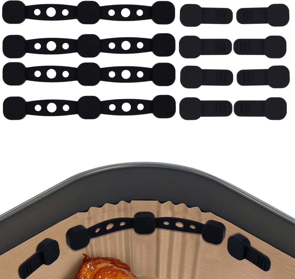 4 Sets Air Fryer Magnets for Parchment Paper Liners, Silicone Buckles Magnetic Clips Heat-Resistant Airfryer Holder Accessories for Iron Baskets Secure Hold Prevent Burning & Uneven Cooking (Black)