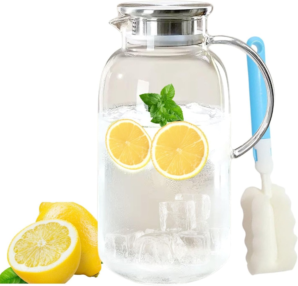 Glass Pitcher with Lid, 2.5 Liter 85Oz Heat Resistant Water Jug for Hot/Cold Water, Ice tea and Juice Beverage Clear, With 1 Long-Handled Brush Included
